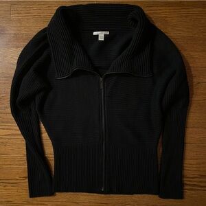 Kenneth Cole New York Black Ribbed Knit  Full Zip Collared Wool Sweater